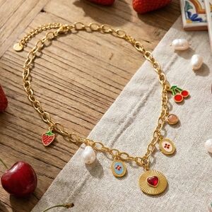 18K Gold Plated Stainless Steel Fruit Charms Link Chain Necklace 🍓🍒